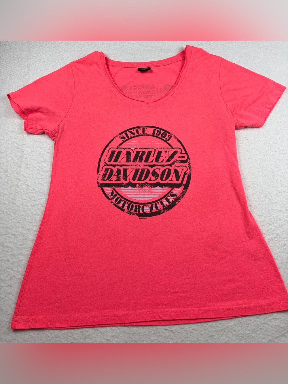 Harley Davidson Womens V-Neck Graphic T-Shirt Pink Tioga County PA Dealer L